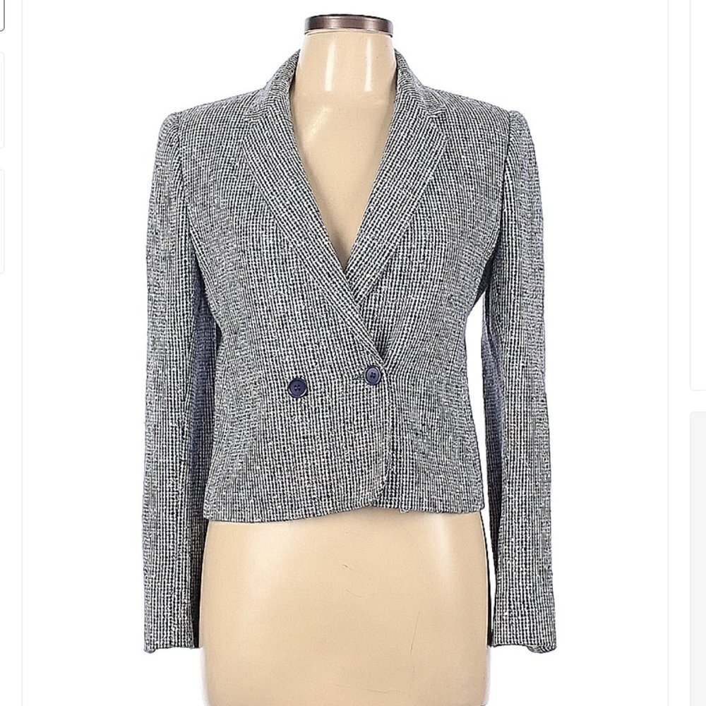 Vintage The Talbots Womens Size 10 Double Breasted Blazer White Blue Tweed Union